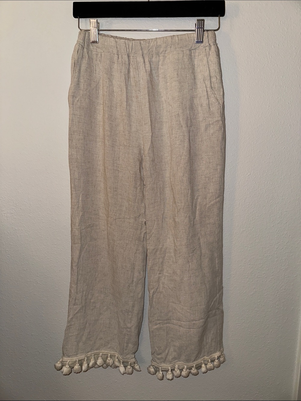 Lulus Women's Cream Linen Blend Pom-Pom Hem Pants